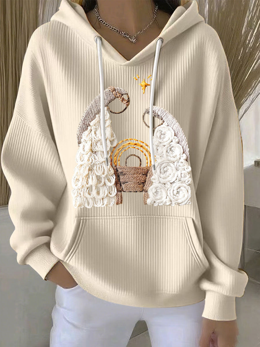 Comfortable Embroidered Sweater for Women with Hooded Long Sleeve Kangaroo Pocket Oversized Style