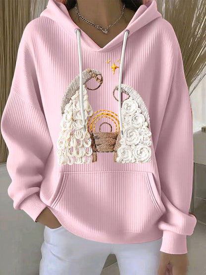 Comfortable Embroidered Sweater for Women with Hooded Long Sleeve Kangaroo Pocket Oversized Style