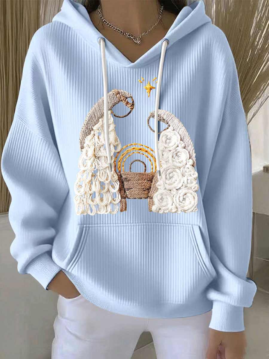 Comfortable Embroidered Sweater for Women with Hooded Long Sleeve Kangaroo Pocket Oversized Style