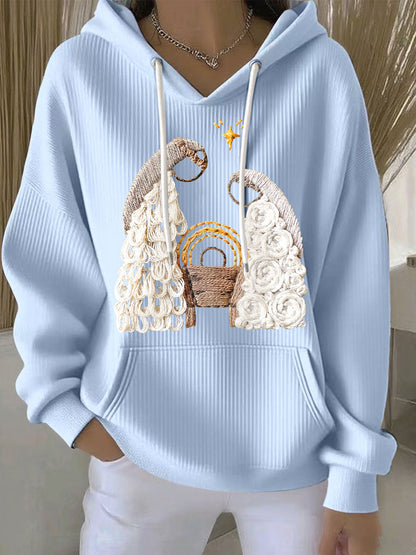 Comfortable Embroidered Sweater for Women with Hooded Long Sleeve Kangaroo Pocket Oversized Style