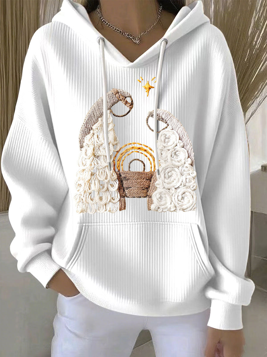 Comfortable Embroidered Sweater for Women with Hooded Long Sleeve Kangaroo Pocket Oversized Style