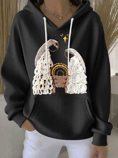 Comfortable Embroidered Sweater for Women with Hooded Long Sleeve Kangaroo Pocket Oversized Style