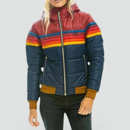 Women's Hooded Striped Colorblock Puffer Jacket