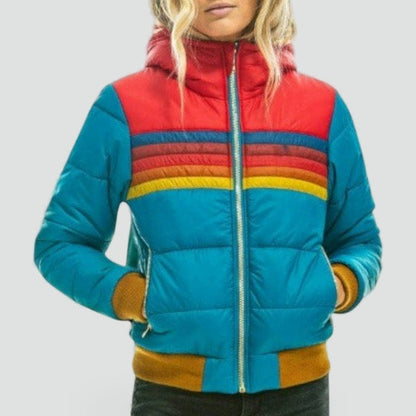 Women's Hooded Striped Colorblock Puffer Jacket