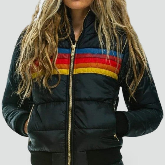 Women's Hooded Striped Colorblock Puffer Jacket