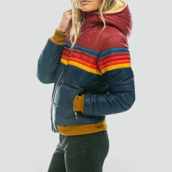 Women's Hooded Striped Colorblock Puffer Jacket