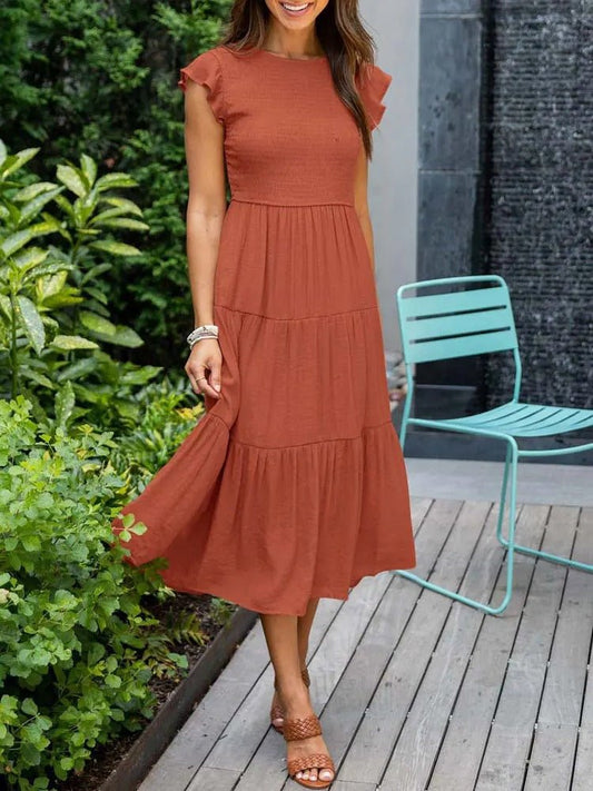 Effortless Smocked Tiered Midi Dress for Women with Round Neck Ruffle Sleeve Flowing Casual Style