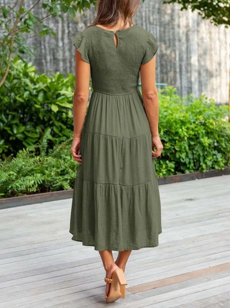 Effortless Smocked Tiered Midi Dress for Women with Round Neck Ruffle Sleeve Flowing Casual Style