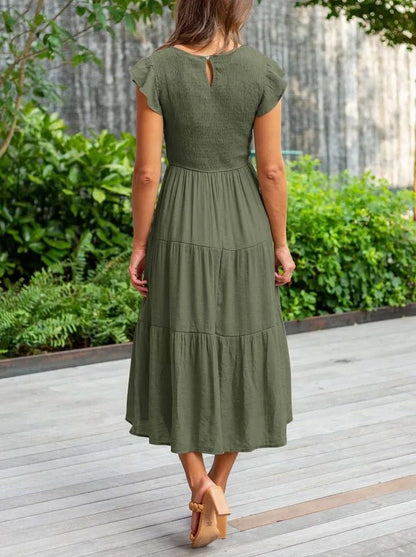 Effortless Smocked Tiered Midi Dress for Women with Round Neck Ruffle Sleeve Flowing Casual Style