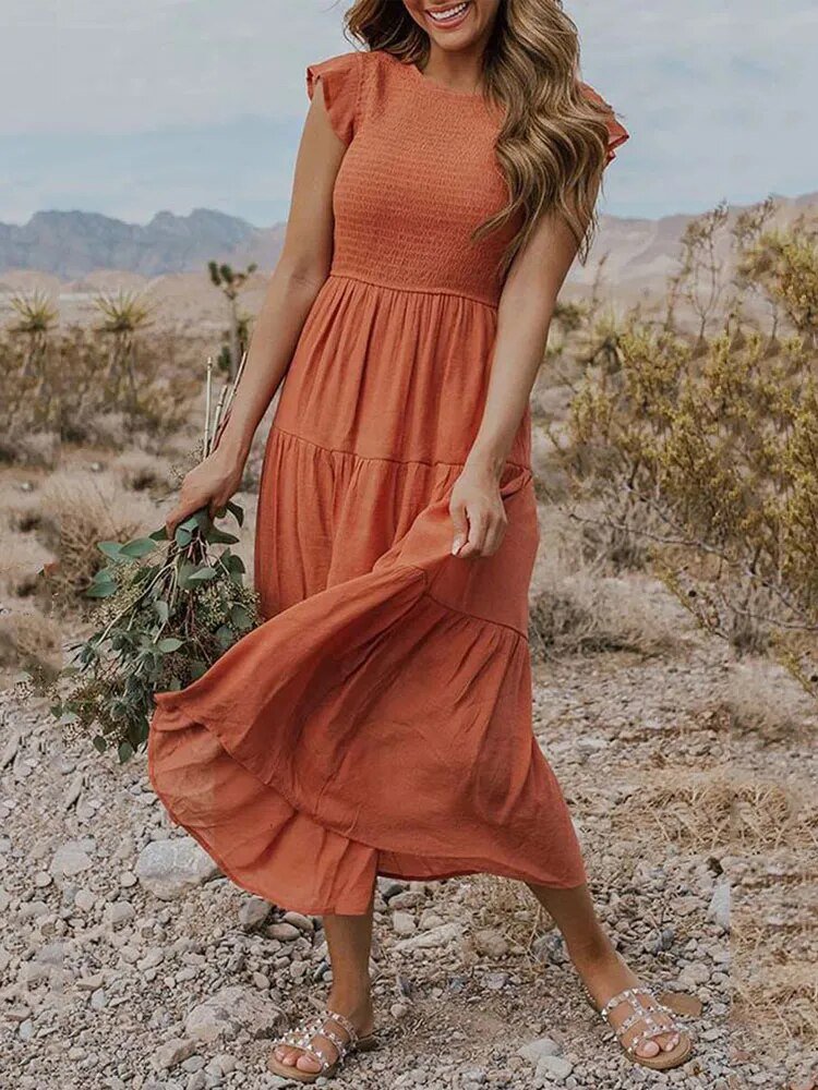 Effortless Smocked Tiered Midi Dress for Women with Round Neck Ruffle Sleeve Flowing Casual Style