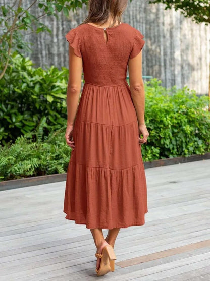 Effortless Smocked Tiered Midi Dress for Women with Round Neck Ruffle Sleeve Flowing Casual Style