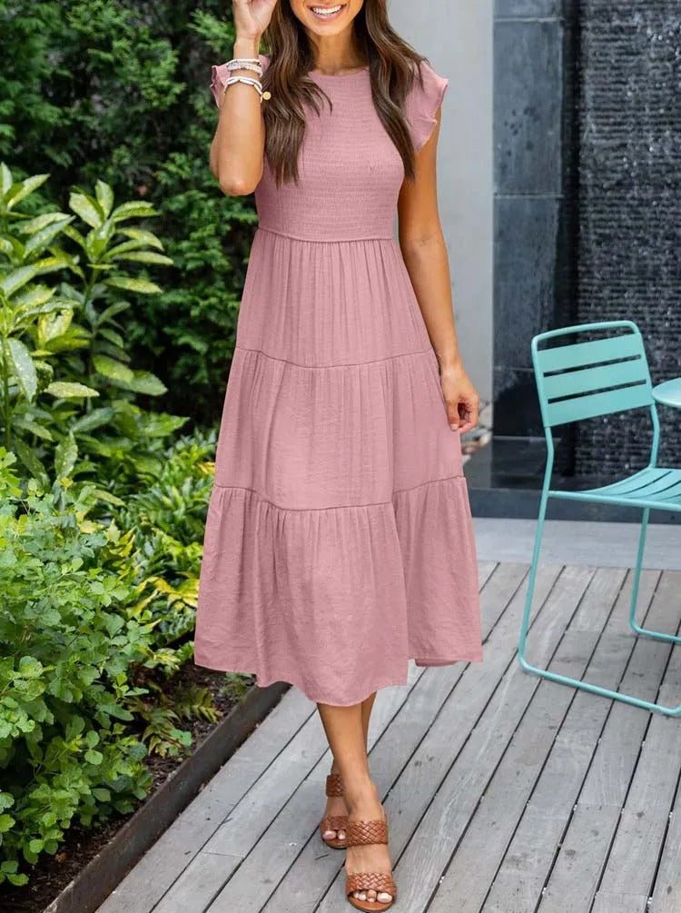 Effortless Smocked Tiered Midi Dress for Women with Round Neck Ruffle Sleeve Flowing Casual Style