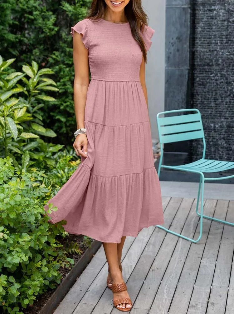 Effortless Smocked Tiered Midi Dress for Women with Round Neck Ruffle Sleeve Flowing Casual Style