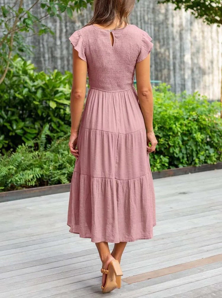 Effortless Smocked Tiered Midi Dress for Women with Round Neck Ruffle Sleeve Flowing Casual Style