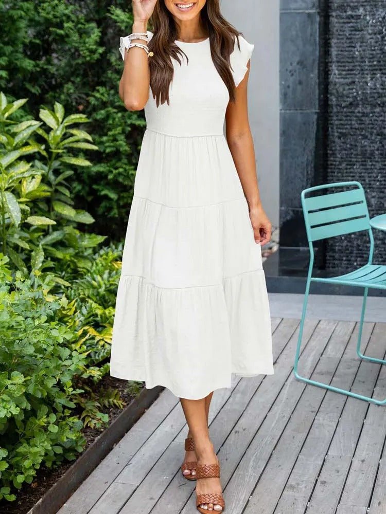 Effortless Smocked Tiered Midi Dress for Women with Round Neck Ruffle Sleeve Flowing Casual Style