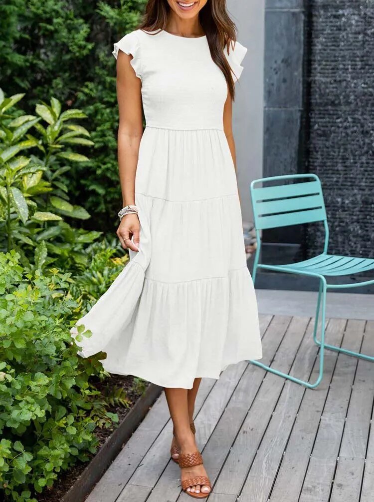 Effortless Smocked Tiered Midi Dress for Women with Round Neck Ruffle Sleeve Flowing Casual Style