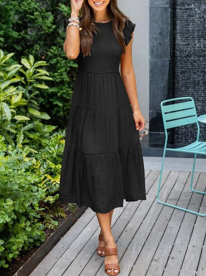 Effortless Smocked Tiered Midi Dress for Women with Round Neck Ruffle Sleeve Flowing Casual Style