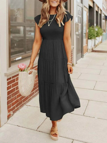 Effortless Smocked Tiered Midi Dress for Women with Round Neck Ruffle Sleeve Flowing Casual Style