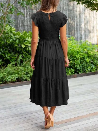 Effortless Smocked Tiered Midi Dress for Women with Round Neck Ruffle Sleeve Flowing Casual Style