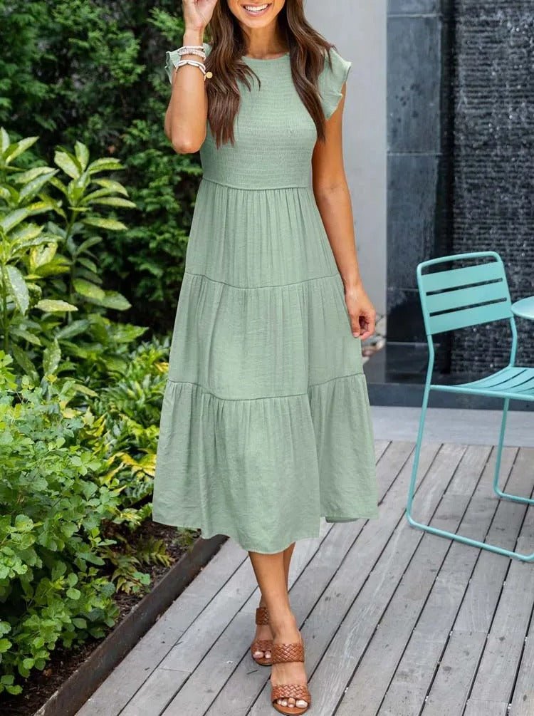 Effortless Smocked Tiered Midi Dress for Women with Round Neck Ruffle Sleeve Flowing Casual Style