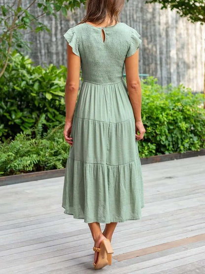 Effortless Smocked Tiered Midi Dress for Women with Round Neck Ruffle Sleeve Flowing Casual Style