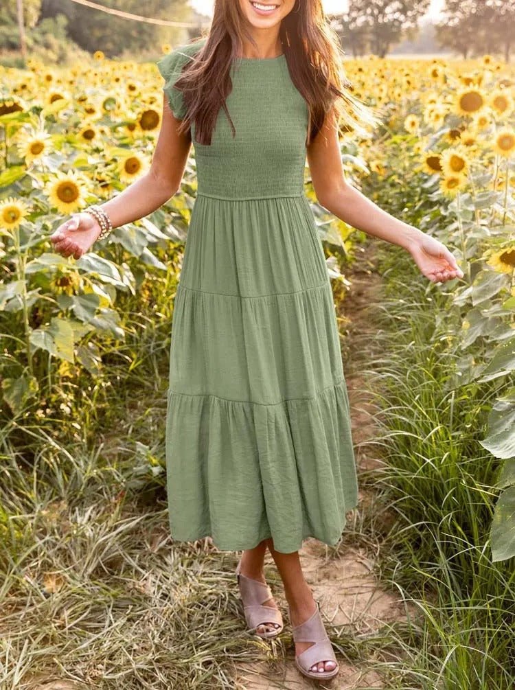 Effortless Smocked Tiered Midi Dress for Women with Round Neck Ruffle Sleeve Flowing Casual Style