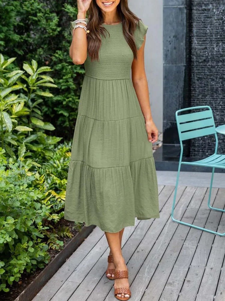 Effortless Smocked Tiered Midi Dress for Women with Round Neck Ruffle Sleeve Flowing Casual Style