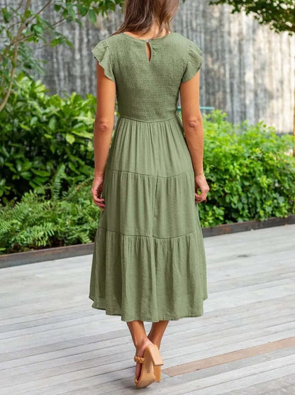 Effortless Smocked Tiered Midi Dress for Women with Round Neck Ruffle Sleeve Flowing Casual Style