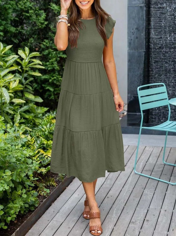Effortless Smocked Tiered Midi Dress for Women with Round Neck Ruffle Sleeve Flowing Casual Style