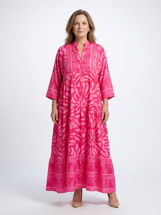 Women Tiered V Neck Button Front Pink Dress