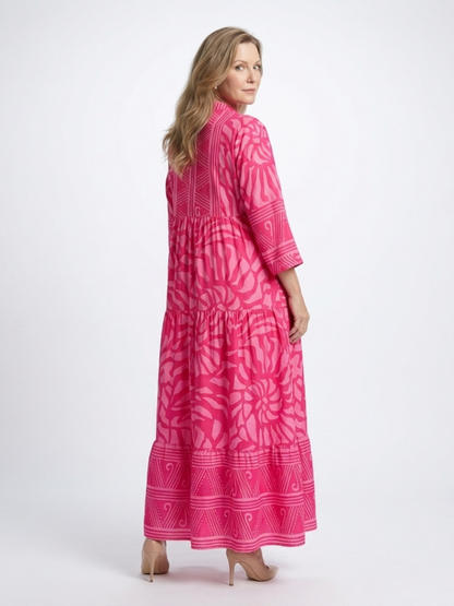 Women Tiered V Neck Button Front Pink Dress