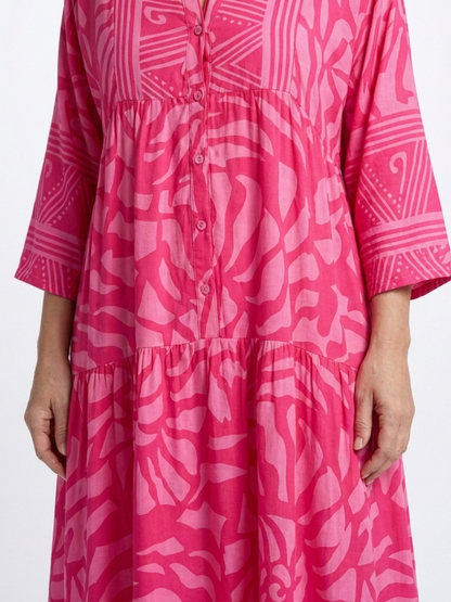 Women Tiered V Neck Button Front Pink Dress