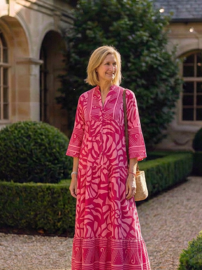 Women Tiered V Neck Button Front Pink Dress
