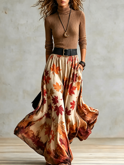 Warm Ribbed Knit Two Piece Set for Women with Turtleneck Top Maple Leaf Print High Waist Maxi Skirt Fall Style