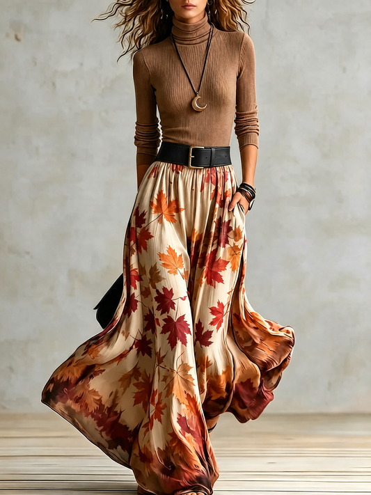 Warm Ribbed Knit Two Piece Set for Women with Turtleneck Top Maple Leaf Print High Waist Maxi Skirt Fall Style