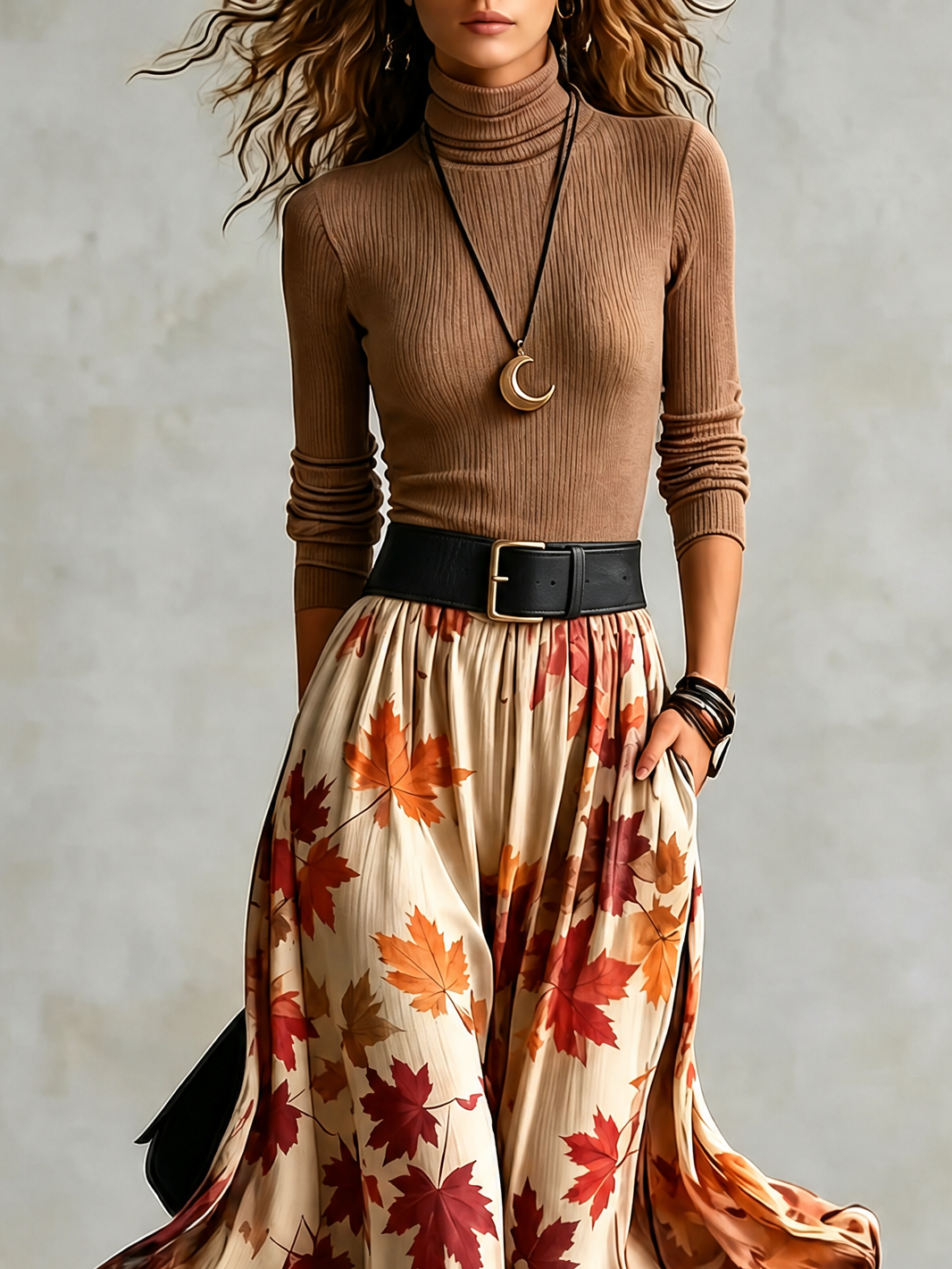 Warm Ribbed Knit Two Piece Set for Women with Turtleneck Top Maple Leaf Print High Waist Maxi Skirt Fall Style