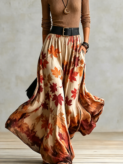Warm Ribbed Knit Two Piece Set for Women with Turtleneck Top Maple Leaf Print High Waist Maxi Skirt Fall Style