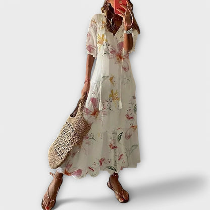 Effortless Tribal Print Maxi Dress for Women with V Neck Elbow Sleeve Tiered Flowing Bohemian Style