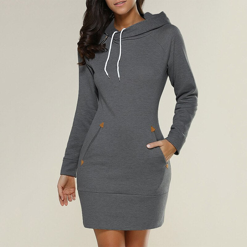 Comfortable Fleece Hoodie Dress for Women with Drawstring Hood Long Sleeve Kangaroo Pocket Bodycon Style