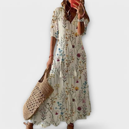 Effortless Tribal Print Maxi Dress for Women with V Neck Elbow Sleeve Tiered Flowing Bohemian Style