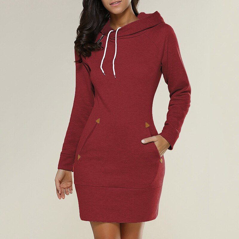 Comfortable Fleece Hoodie Dress for Women with Drawstring Hood Long Sleeve Kangaroo Pocket Bodycon Style