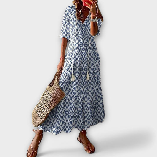 Effortless Tribal Print Maxi Dress for Women with V Neck Elbow Sleeve Tiered Flowing Bohemian Style