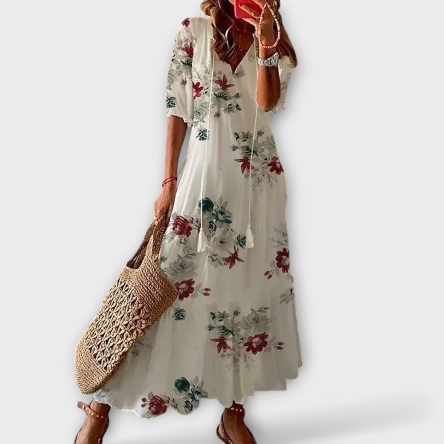 Effortless Tribal Print Maxi Dress for Women with V Neck Elbow Sleeve Tiered Flowing Bohemian Style