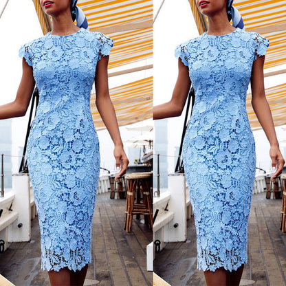 Elegant Light Blue Lace Midi Dress for Women with Round Neck Cap Sleeve Bodycon Cocktail Style