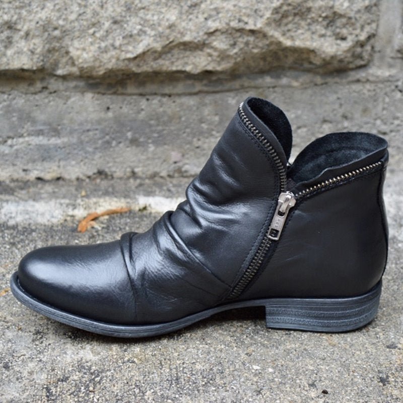 Effortless Black Leather Ankle Boots for Women with Side Zip Slouchy Ruched Casual Style