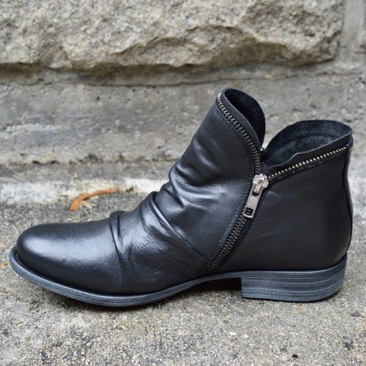 Effortless Black Leather Ankle Boots for Women with Side Zip Slouchy Ruched Casual Style