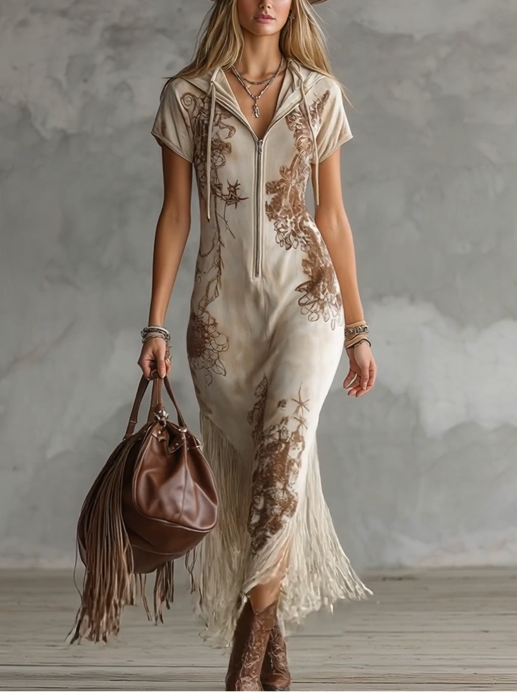 Effortless Off-White Tribal Print Hooded Maxi Dress for Women with Zip Front Short Sleeve Fringe Hem Bohemian Style