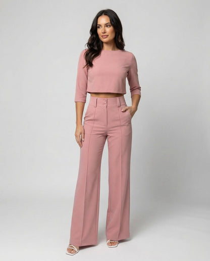 Effortless Wide Leg Set for Women with Boat Neck Elbow Sleeve Cropped Top Two Piece Style