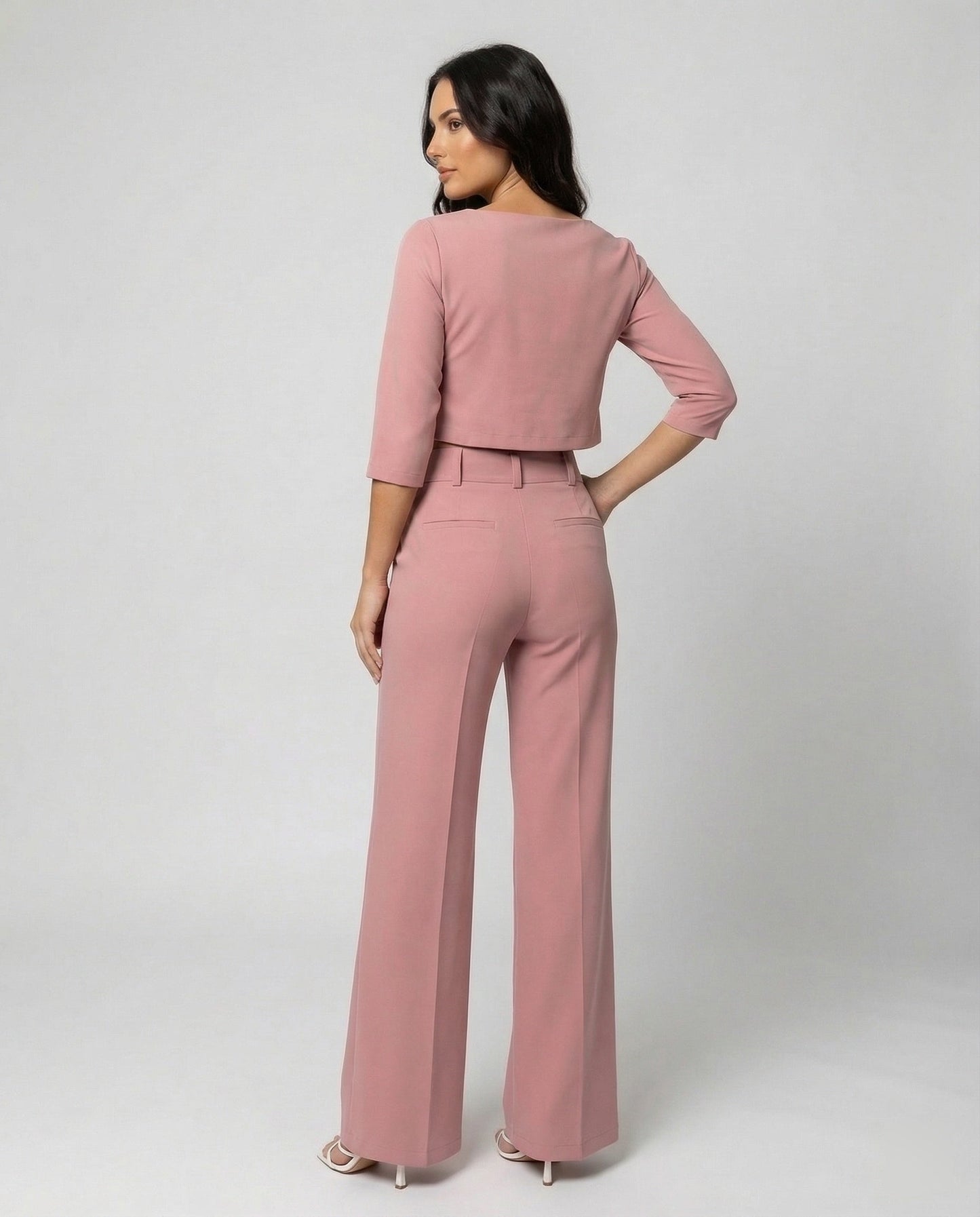Effortless Wide Leg Set for Women with Boat Neck Elbow Sleeve Cropped Top Two Piece Style