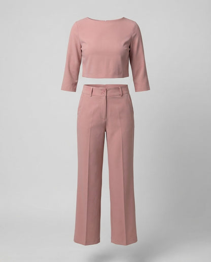 Effortless Wide Leg Set for Women with Boat Neck Elbow Sleeve Cropped Top Two Piece Style